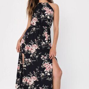 Lulus Feel the Music Navy Blue Floral Print Maxi Dress